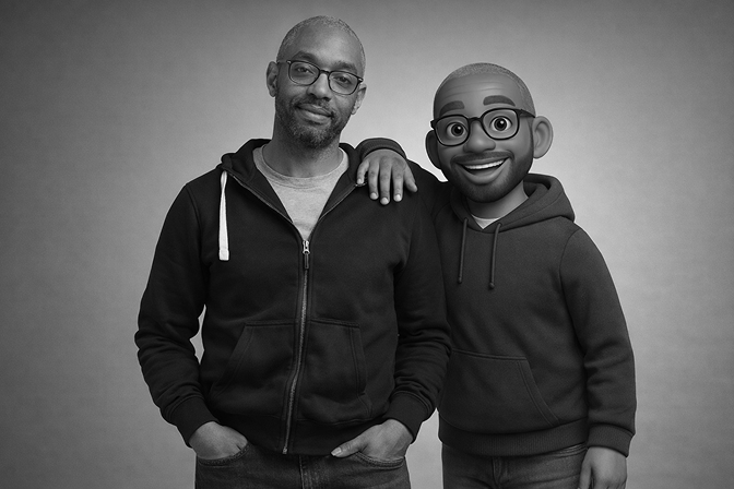 Tim McKnight, founder of Daystrom Studios, standing beside a figure of his AI collaborator